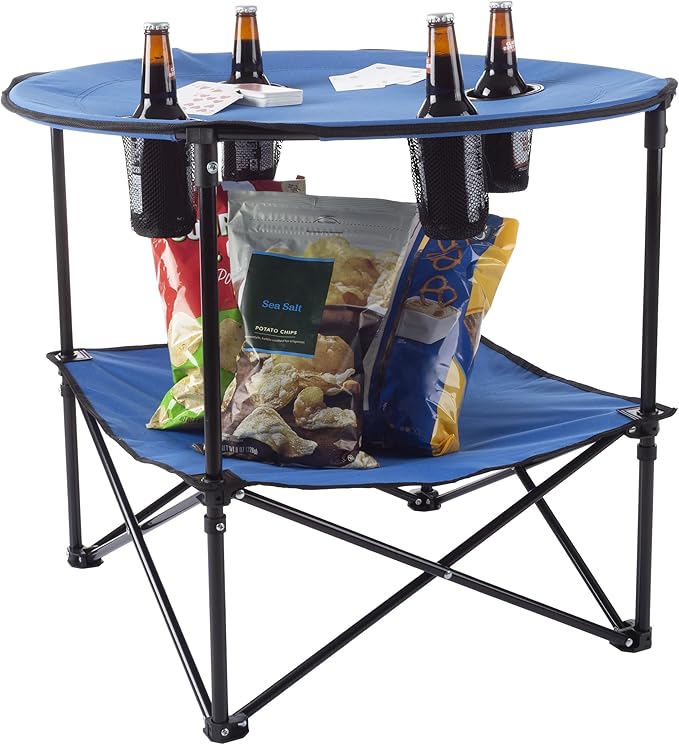 Wakeman Camp Table - Round 2-Tier Folding Table with 4 Cupholders and Carrying Bag - for Camping, Beach, Picnic, Sporting Events, and More Outdoors,Blue