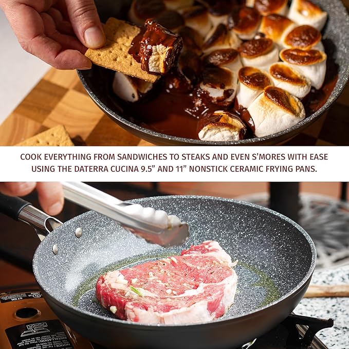 DaTerra Cucina Nonstick Pan Bundle – 9.5" & 11" Ceramic Cooking Pans Nonstick w/Lid - Oven Proof Frying Pan - Induction, Gas, & Electric Cooktops Friendly – Volcanic Black Speckled – Made in Italy