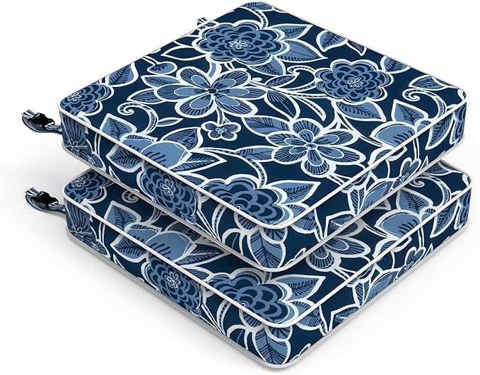 LVTXIII Patio Chair Cushions 22"x22"x3", Water-Repellent Outdoor Seat Cushions for Patio Furniture, Square Chair Pads with Ties for Home Garden Decoration, Set of 2, Flower Navy
