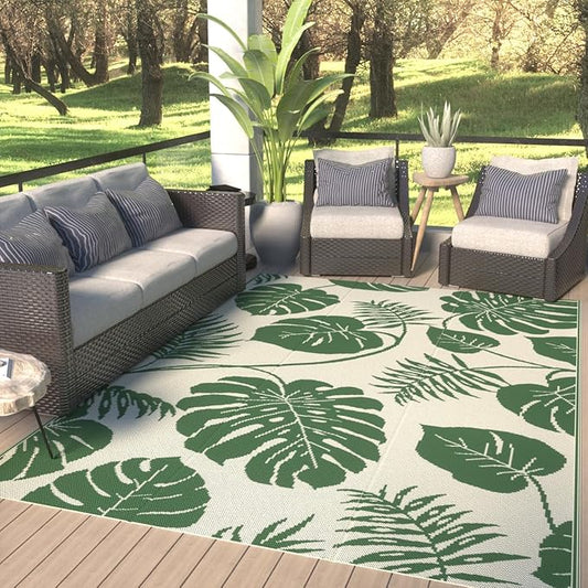 Reversible Plastic Outdoor Rug Green Washable Boho Area Rug for Patio Beach Camping Garden Kids Room Waterproof Outdoor Mat Carpet Large Tropical Jungle Leaf Monstera Palm Lime Plant Cocoer Rig