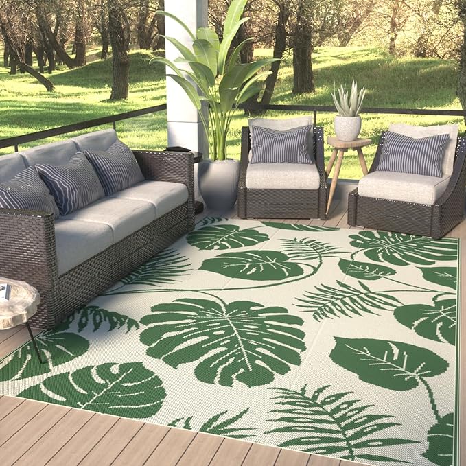 Reversible Rugs Plastic Rug Outdoor Rug Lightweight Outside Mats Modern Outdoor Rug for Patio Portable Mats for RV Backyard Deck Picnic Beach, 6' x 9' Green