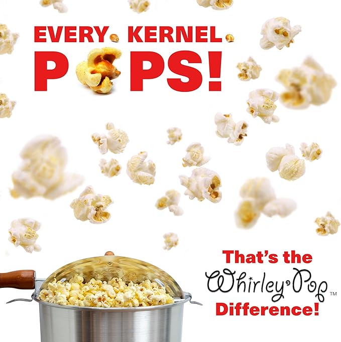 Original Whirley Pop Popcorn Popper with Kernels – 6-Quart Silver Popcorn Maker, Fast & Easy-to-Use Snack Machine for Movie Nights, Durable Aluminum Stovetop Popper with Metal Gears