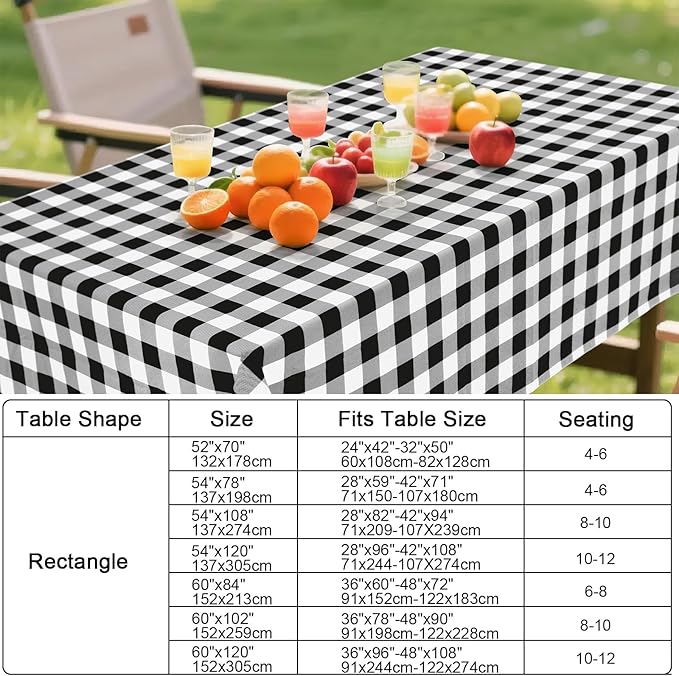 Smiry Rectangle Table Cloth, Waterproof Vinyl Tablecloth with Flannel Backing, Wipeable Buffalo Plaid Table Cover for Dining, Indoor and Outdoor (Black & White, 52"x70")