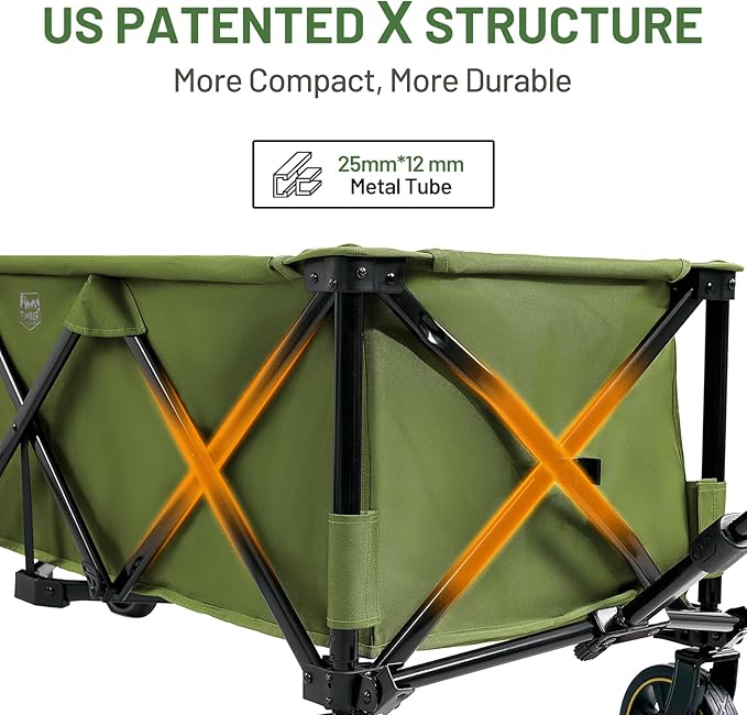 Timber Ridge 51.2'' Extended Collapsible Wagon Cart with Brakes and Cargo Net, 350LBS Heavy Duty Foldable Utility Wagon with Adjustable Handle, 400L Capacity Portable Cart for Camping Sports Shopping