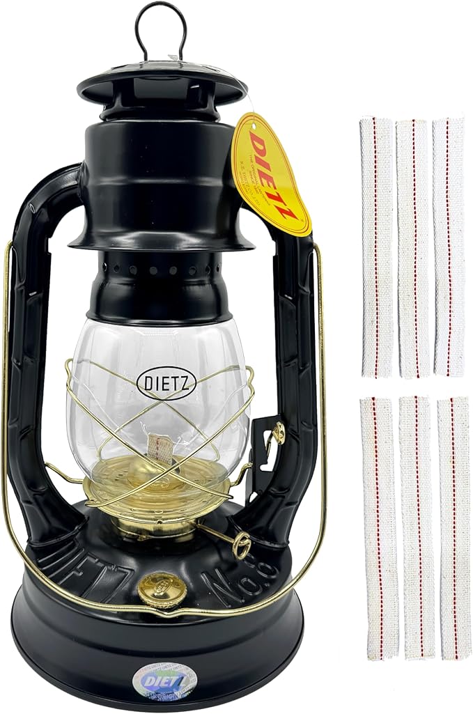 Light of Mine - Dietz #08 Air Pilot Black with Gold Trim Oil Lantern with 7/8" Replacement Wick Strips (Black with Gold Trim)
