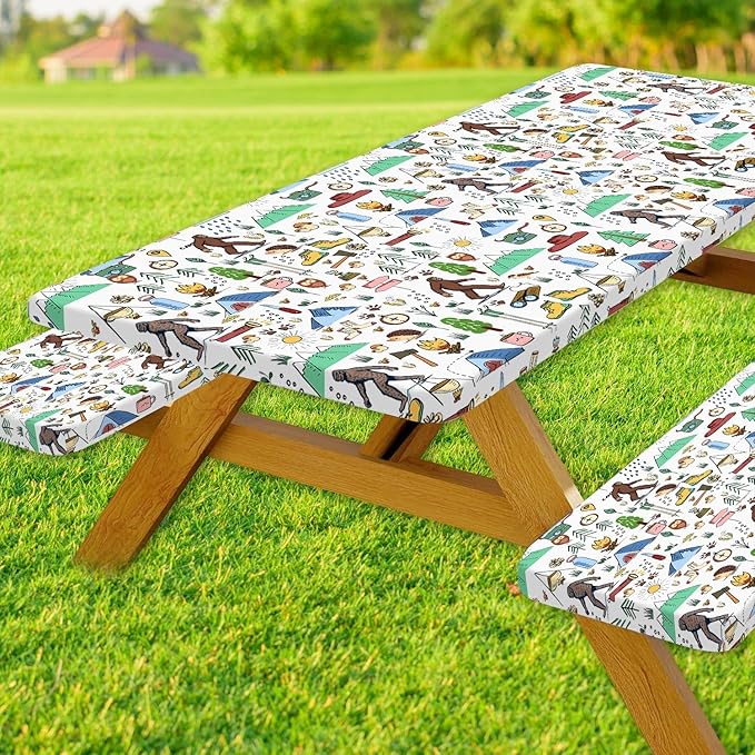 JAWO Picnic Table Covers with Bench Covers Camping Big Foot Adventure Tablecloth Fitted Picnic Table Cover with Elastic Windproof Waterproof Fabric, Camping Accessories Patio & Outdoor