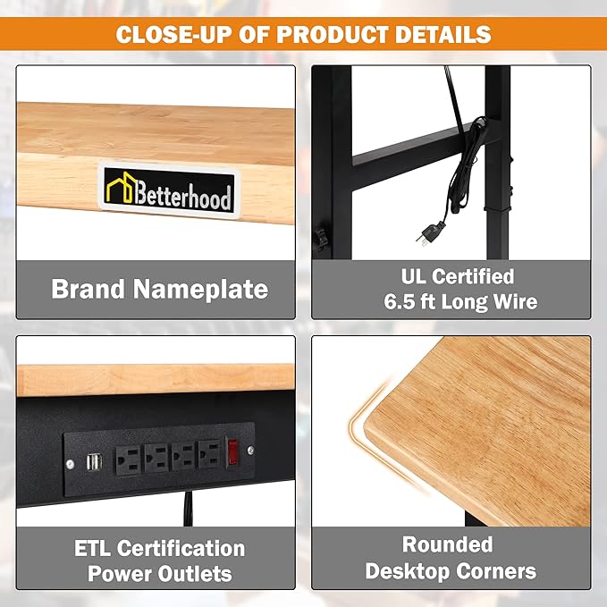 Adjustable Height Workbench, 48" Rubber Wood Top Heavy Duty Workstation with Power Outlets, 2000 LBS Load Capacity Hardwood Worktable for Workshop, Garage, Office, Home, Commercial