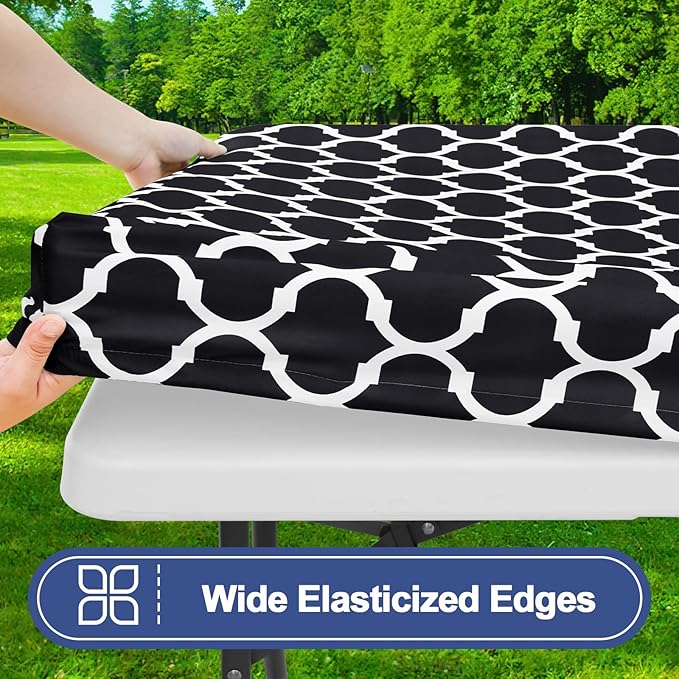 Smiry Picnic Table Cover with Bench Covers, Waterproof Elastic Fitted Tablecloth for 6 Foot Tables, Washable Polyester Tablecloths for Camping, Indoor & Outdoor (Black Morocco, 30x72 Inch 3-pc Set)