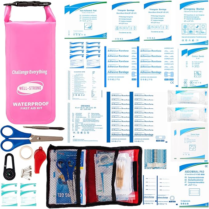 Waterproof First Aid Kit Roll Top Boat Emergency Kit with Waterproof Contents for Fishing Kayaking Boating Swimming Camping Rafting Beach Pink