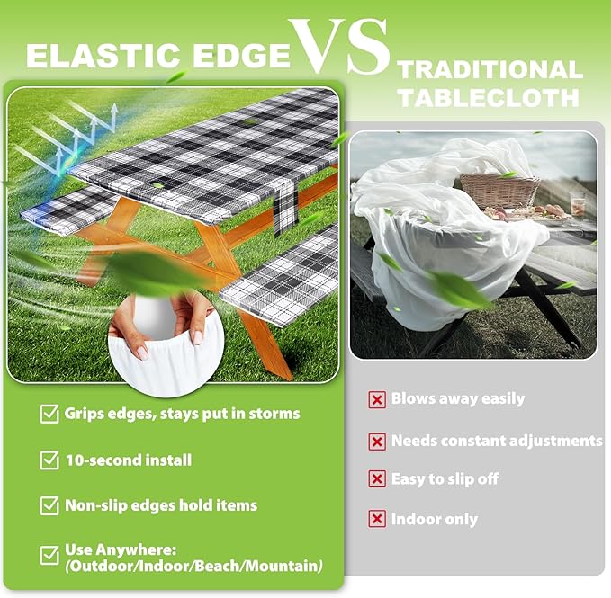 Fitted Picnic Table Cover with Bench Covers Waterproof Elastic Edges Rectangle Patio Tablecloth Outdoor Camping Essentials Stuff Rv Accessories Summer Trip Travel Camper Gifts for Woman Men, 96in 8 ft