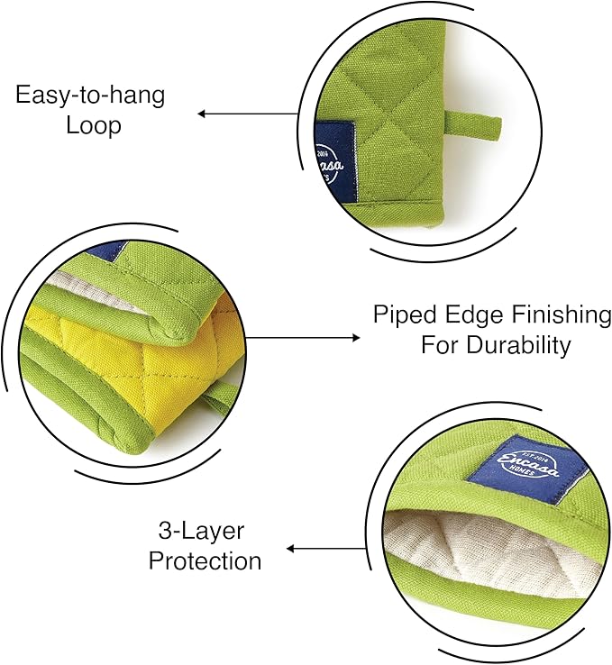 Encasa XO Heat Resistant Cotton Oven Gloves Mitts (2 Pc Set) - Quilted & Safe 12x7 in - for Kitchen, Cooking & Baking, Grilling, Handling Hot Pots & Pans - Lime Green