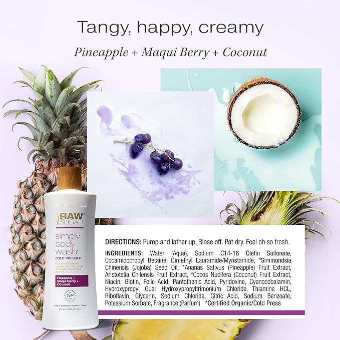 RAW SUGAR Simply Body Wash - Pineapple + Maqui Berry + Coconut, Moisturizing & Brightening Bath & Shower Gel, Sulfate-Free, Paraben-Free & Vegan (Pack of 3)
