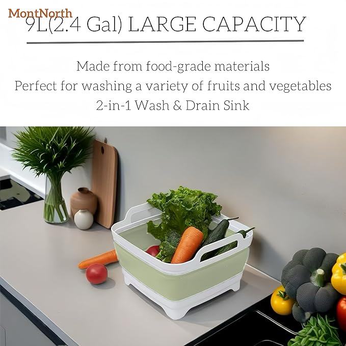 Collapsible Wash Basin 9L, Foldable Dish Tub with Drain Plug, Portable Collapsible Dish Basin, Camping Sink for Washing Dishes, Laundry & Kitchen Use (Green)