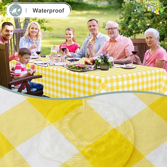 misaya Rectangle Waterproof Vinyl Table Cloth, Buffalo Flannel Backed Tablecloth, Wipeable Plastic Table Cover for Dinner, Kitchen, Outdoor (60" x 84", Yellow and White)