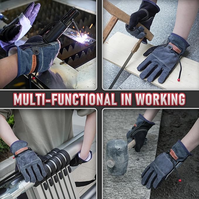 YESWELDER Leather Work Gloves for Men or Women，Suitable for welding | gardening |construction etc. Cowhide leather with cotton lining, wrist closure, grippy and durable.Reinforced palm,Black-gray M