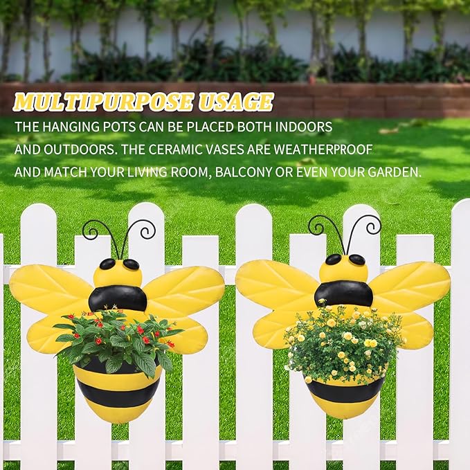 Metal Wall Planter Bee Wall Mounted Planters Small Flower Pot with Drainage for Indoor Outdoor Farmhouse Hanging Planter Succulent Plant Container Vertical Garden Yard Decor