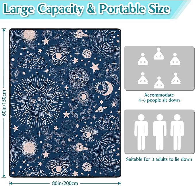 Gothic Picnic Blankets Waterproof Foldable,60″X80″Thick Picnic Mat Blue Outdoor Blanket for Grass, Sun and Moon Beach Blanket Sandproof Picnic Accessories for Camping Party Travel Park Lawn