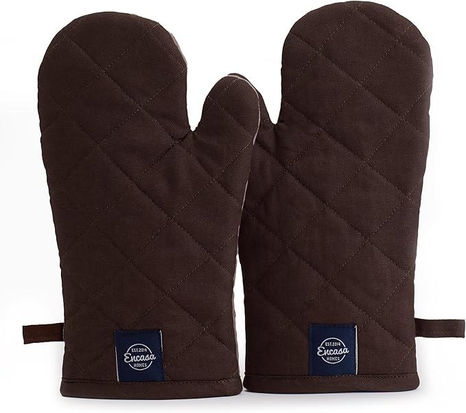 Encasa XO Heat Resistant Cotton Oven Gloves Mitts (2 Pc Set) - Quilted & Safe 12x6.6 in - for Kitchen, Cooking & Baking, Grilling, Handling Hot Pots & Pans - Dark Taupe & Beige