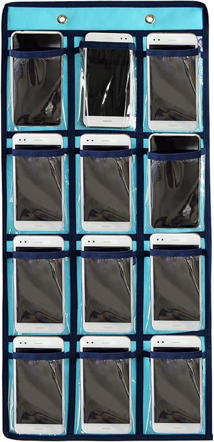 NIMES Hanging Closet Underwear Sock Jewelry Storage Over The Door Classroom Cell Phone Calculator Organizer 12 Clear Pockets (Blue)