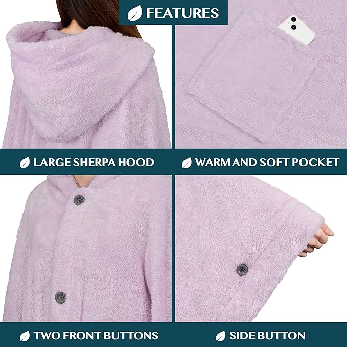 PAVILIA Angel Wrap Hooded Blanket Poncho, Wearable Blanket Throw Wrap Poncho for Women Adult, Cozy Fluffy Sherpa Fleece Shawl Cape with Hood pockets, Warm Gift for Mom Wife, Lavender Purple