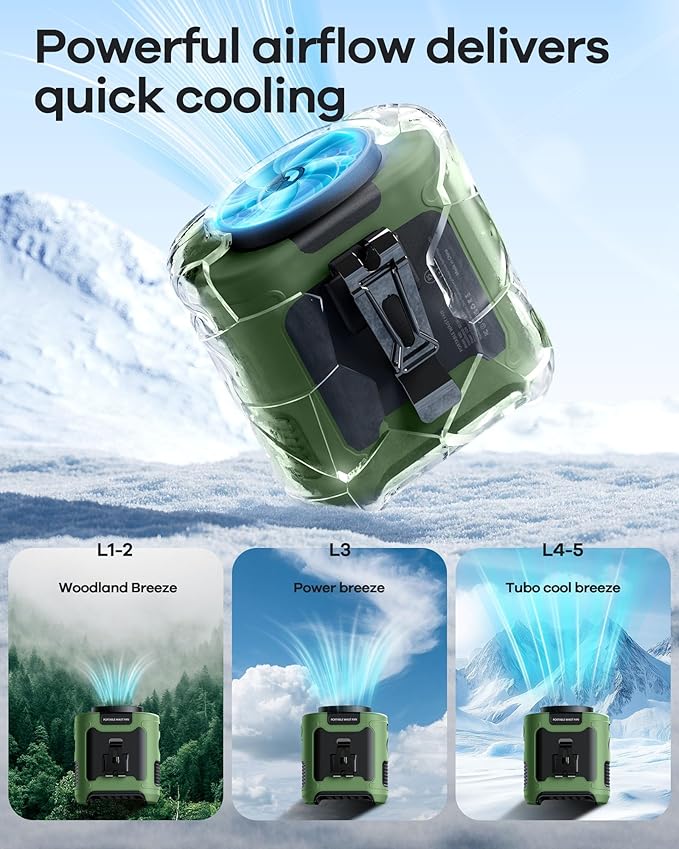AI Portable Waist Fan Rechargeable 10000mah Belt Shirt Clip On Fan For Body Cooling That Blow Cold Air 5 Speeds Flashlight Up To 40H