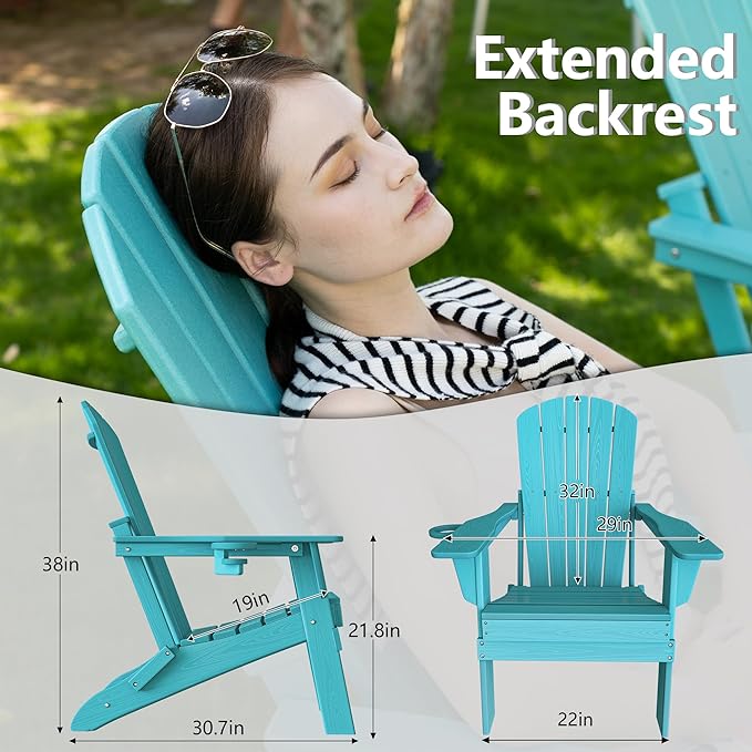 Folding Adirondack Chair, SGS Tested, Wooden Textured with Cup Holder, Heavy All-Weather HDPE Comfortable Set Poolside Backyard Lawn Aruba Blue Set 4