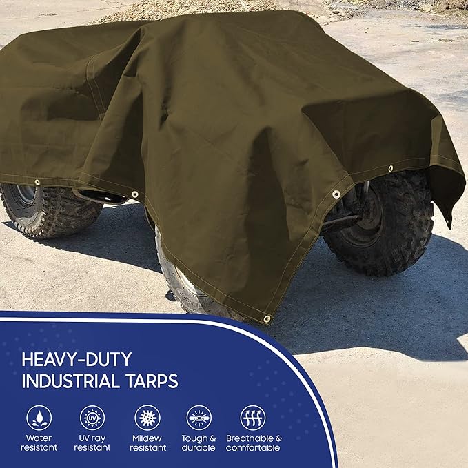 Tarps Now 8x10 ft Heavy Duty Canvas Tarp| 18 MIL Industrial Grade Fabric, Tear Resistance, Reinforced Edges, Brass Grommets | Ideal for Construction, Trucking, Manufacturing, Automotive –Olive Color