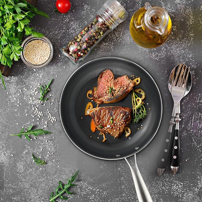 Stainless Steel Nonstick Frying Pan, Hybrid Ceramic 8-Inch Frying Pans, Stay-Cool Handle, PFAS & PFOA PTFE Free, Dishwasher & Oven Safe, Scratch-Resistant, Compatible with Induction & All Cooktops