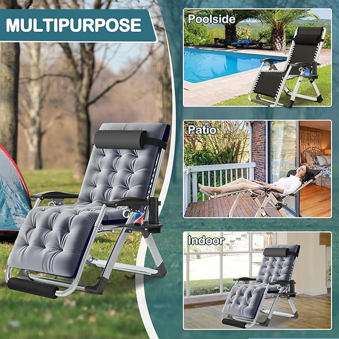 NAIZEA Widened Zero Gravity Chair 29" XL,Oversized Outdoor Lounge Chairs, Folding Reclining Camping Chairs with Cup Holder, Ergonomic Patio Lawn Chair for Balcony Beach Deck Yard