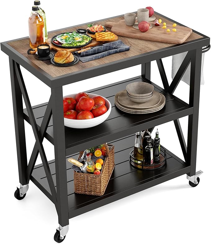 PHI VILLA Outdoor Grill Table, Elegant Grill Cart with Ceramic Wood Grain Table Top, Serving Cart with Shelves, Patio Grilling Backyard BBQ Grill Cart, Black