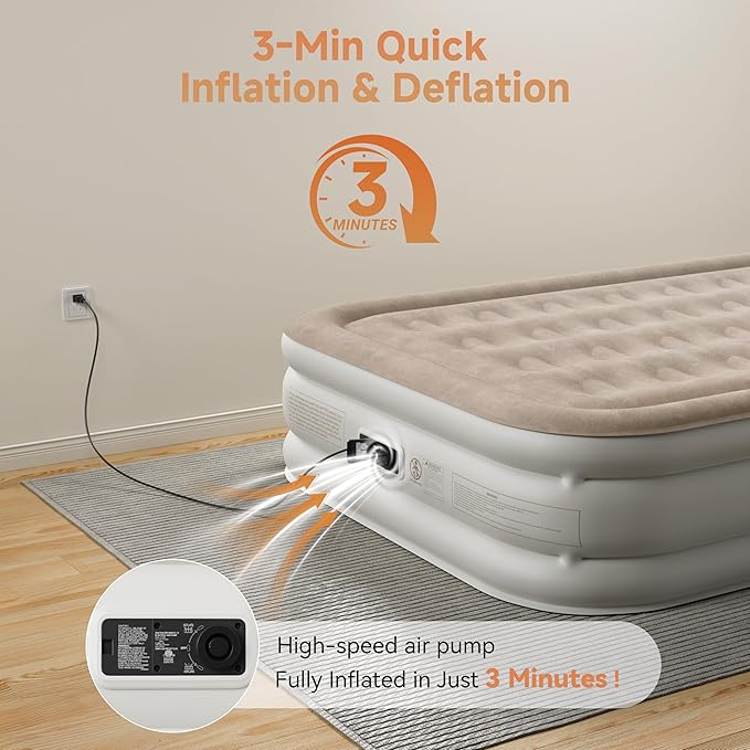 Air Mattress Twin with Built-in Pump 18", Comfortable Self-Inflating Air Mattress with High-Speed Pump, Durable Blow Up Mattress Twin with Storage Bag for Guests, Camping, Travel