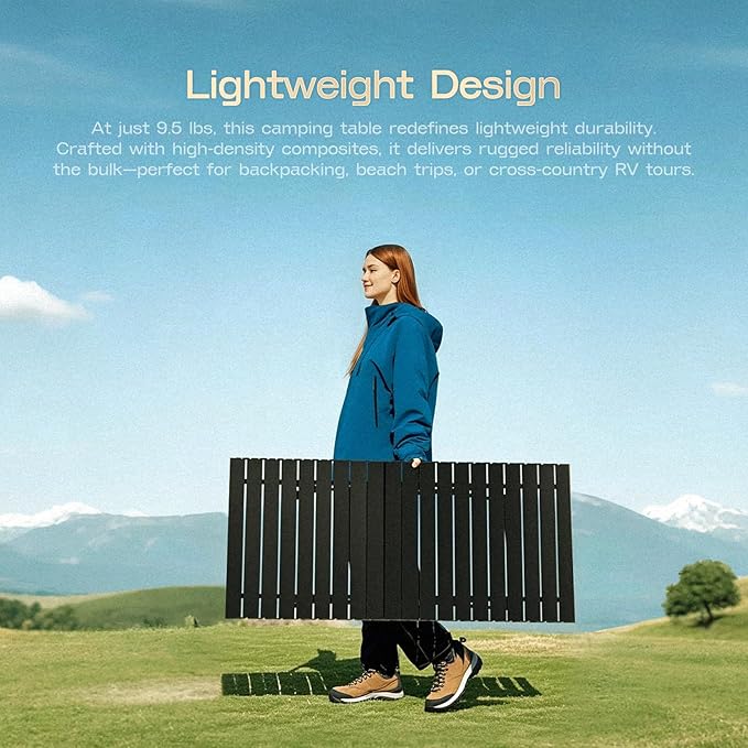 Height Adjustable Camping Table Tall Large Outdoor Folding Camping Table with Wide-Base Anti-Sink Legs & Carry Bag for Camping BBQ Beach Backyard (Black)