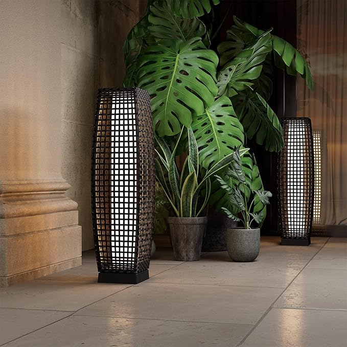 Grand patio 2-Piece Outdoor Floor Lamp Solar Powered Lantern Water-Resistant Wicker Deck Patio Light, Lamp Large-Sized for Garden or Porch-Large Fuji, Silver Gray