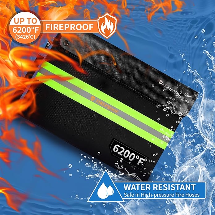 Upgraded Fireproof Document Bag 6200°F, 14.8in Big Waterproof Fireproof Safe with Zipper, 9 Layers of Heat Insulated Materials, Fireproof Money Bag for Cash, Important Documents and Valuables Fire Box