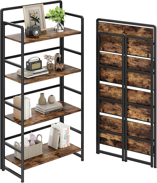 No Assembly Folding Bookshelf, 4 Tiers Collapsible Book Shelf for Home Office, Vintage Wood Foldable Bookcase Storage Organizer for Living Room Bedroom (Rustic Brown)
