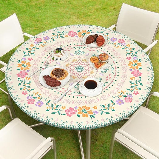 Round Tablecloth Fitted Elastic Table Cover Waterproof Table Cloth for Dinner, Party, Picnic,Camping, Round Table Cover for Indoor Outdoor