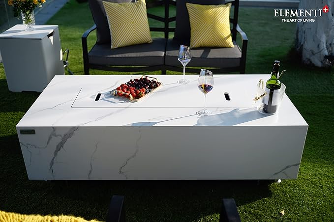 Elementi+ | Carrara Gas Fire Pit | Marble Porcelain & Metal Frame | 60" Rectangular Fire Table | Electronic Ignition | Canvas Cover, Fire Glass & Burner Lid Included | White | Propane Gas