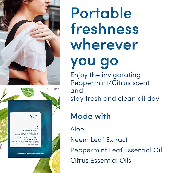 YUNI Beauty Large Body Wipes (Peppermint Citrus, 30 Count) Super Soft Moist Showerless Wipes that Cleanse & Deodorize - On-the-Go No Rinse Body Cleanser - Biodegradable Individually Wrapped