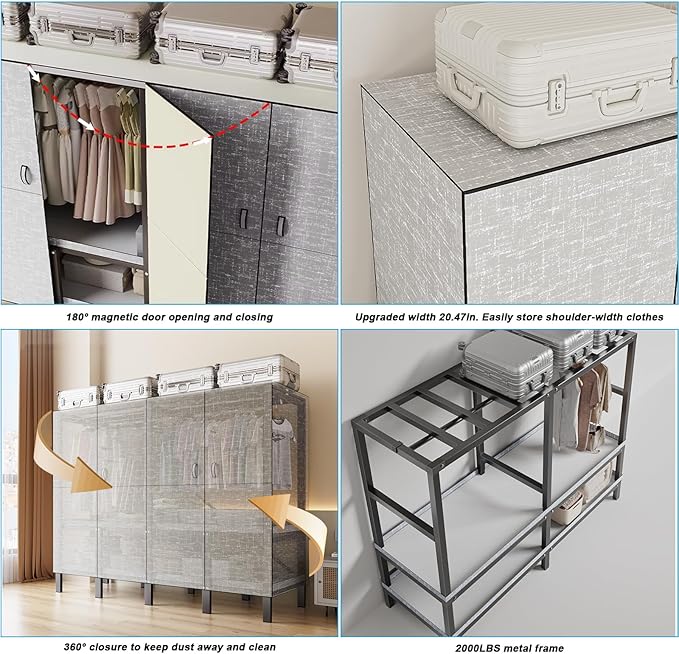 FPIGSHS Heavy Duty Clothes Rack with Magnetic Door 2000LBS Foldable Portable Wardrobe Closet for Hanging Clothing Rolling Garment Rack on Wheels for Bedroom Closet System (B(Grey Door, 49.2in)
