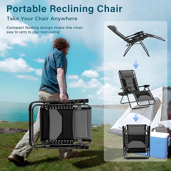 MFSTUDIO Padded Zero Gravity Chair Set of 2, Folding Patio Lounge Recliner with Adjustable Pillows & Cup Holder for Poolside Backyard, Support 400lbs(Grey)