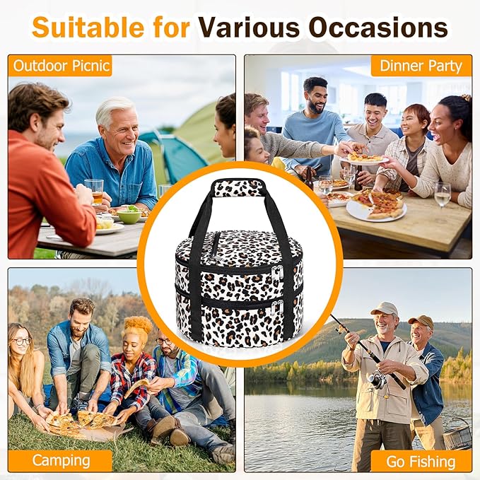 Round Double Insulated Casserole Carrier, Pie Carrier Bag, Portable Casserole Carrier for Hot or Cold Food Lunch Tote, Lunch Bag for Parties Picnic, Fits 12.5" Baking Dish, Leopard