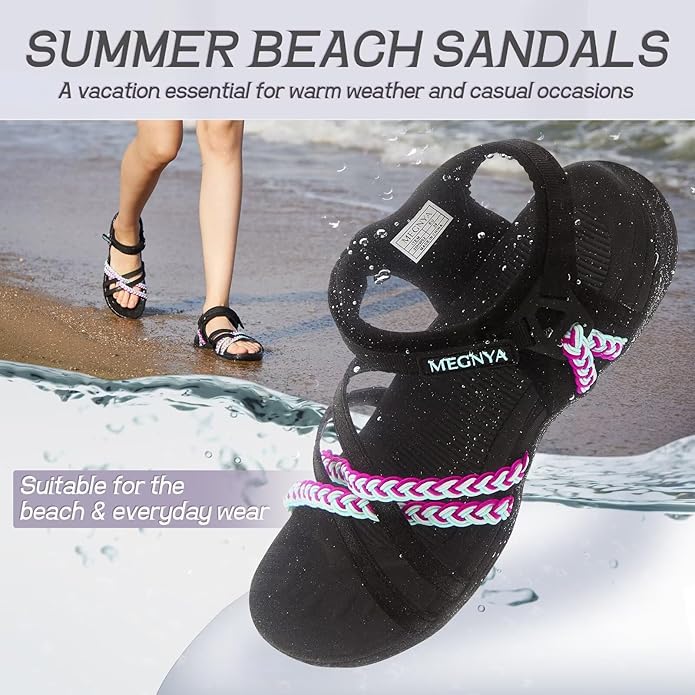 MEGNYA Hiking Sandals for Women, Arch Support Comfortable Walking Sandals Hook Loop Strap, Sports Lightweight Slides