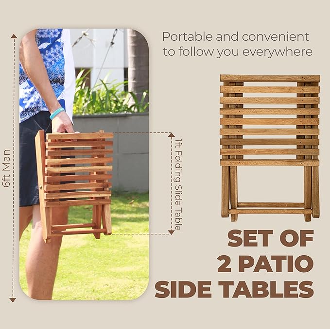 2PCs Folding Side Tables, Waterproof Patio Foldable End Table, Portable Side Table for Indoor and Outdoor Garden, Porch, Balcony, Camping, Fishing, Natural Color, Small Size 14 inch Height