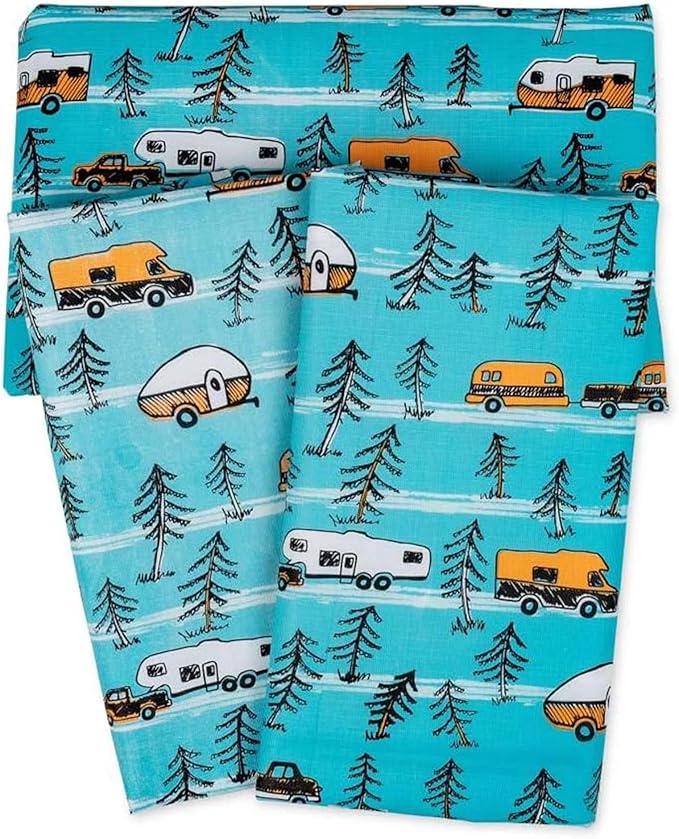 Camco Life is Better at The Campsite Tablecloth with Bench Covers | Provides a Clean Eating Surface for Outdoor Activities | Features an RV and Tree Sketch Design | (53380)