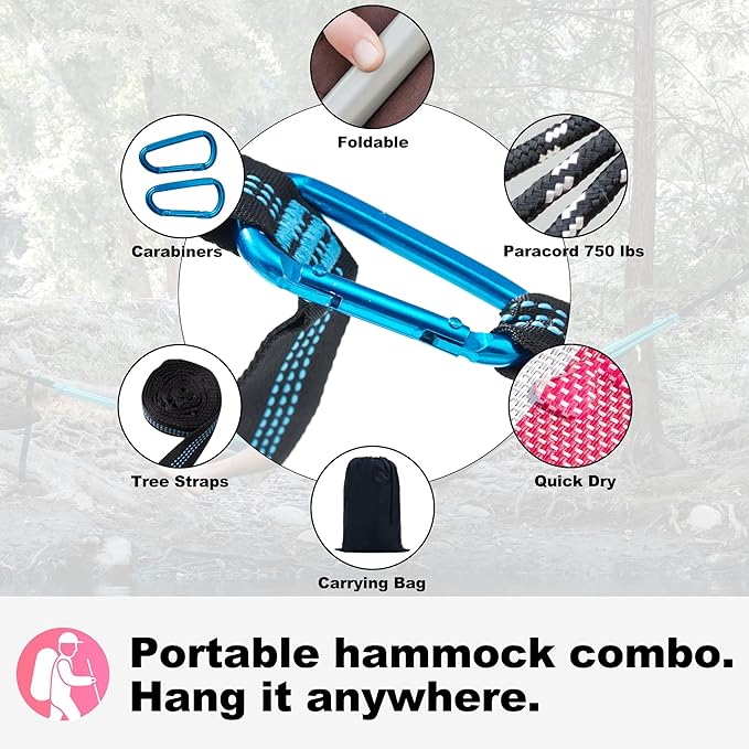 14ft Two Person Outdoor Hammock, Portable Camping with Folding Steel Spreader Bar, Carrying Bag, Carabiners, Tree Straps, Pillow & Sidebag, Quick Dry Textilene Fabric, 550 lbs Capacity (Blush)