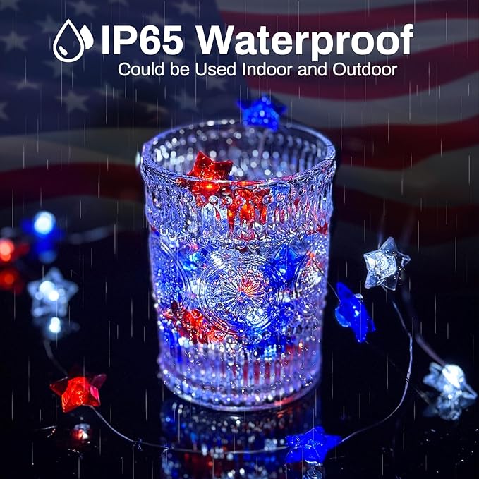 4th of July Decorations String Lights 2Pack, 16FT 50LED Red White Blue Stars Patriotic String Lights with Remote, USB & Battery Powered Fairy Light for Patriotic Memorial Day Independence Day Decor