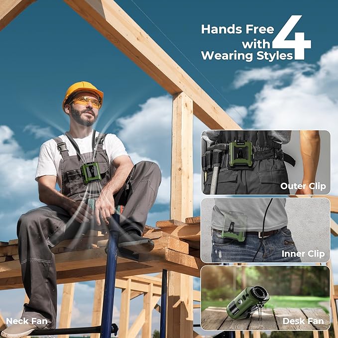 10000mAh Portable Waist Clip Fan, 40H Cooling Personal Wearable Fan, 5 Speeds 16000RPM Strong Belt Fan, Rechargeable Hands-free Neck Fan With Flashlight for Outdoor Jobsite Camping Traveling