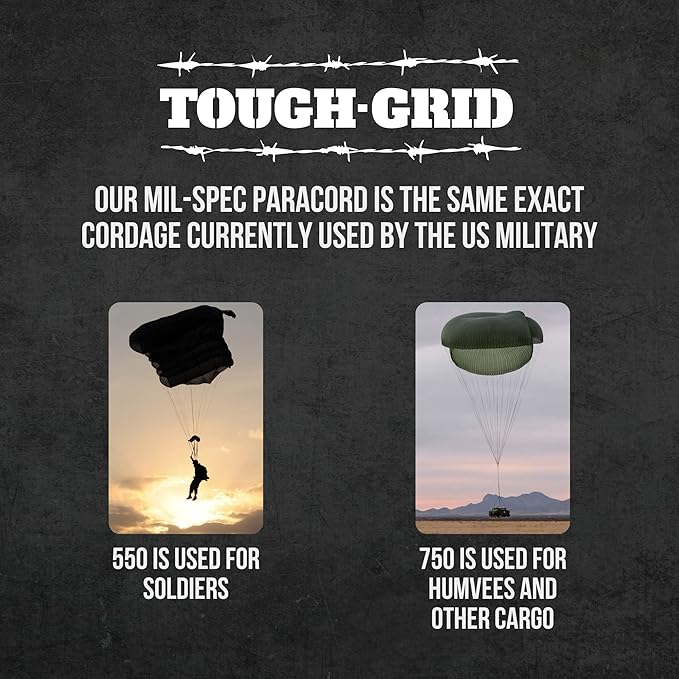 TOUGH-GRID Paracord Rope 750 lbs Nylon Parachute Cord, Made in USA Survival Kit, Outdoor Adventures, Camping, Tactical Gear & Emergency Supplies, Military Type IV Mil-Spec