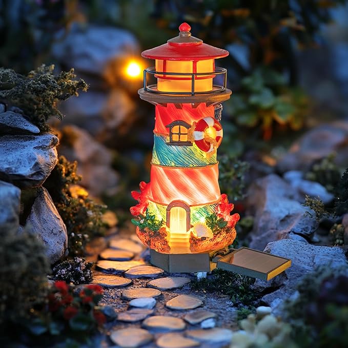 Dazzle Bright Miniature Lighthouse Pathway Decorative Lights, Solar Lights Outdoor Miniature Lighthouse Waterproof Garden Stake Light for Fairy Garden Pathway Lawn Yard Gifts Decoration