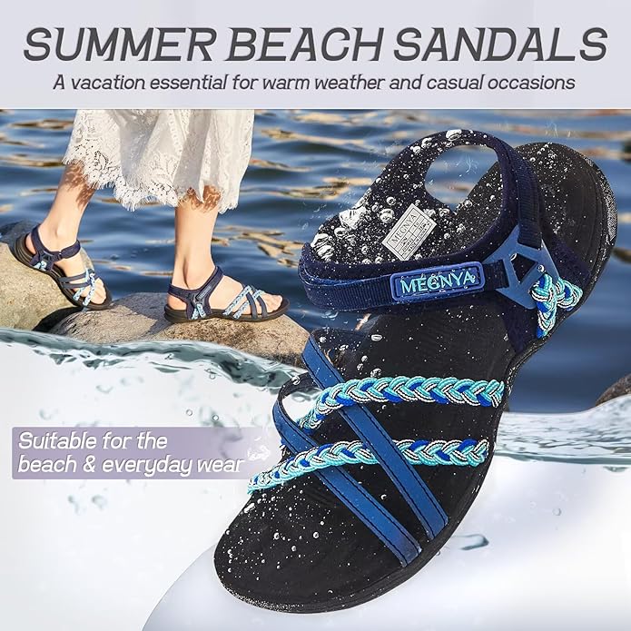 MEGNYA Hiking Sandals for Women, Arch Support Comfortable Walking Sandals Hook Loop Strap, Sports Lightweight Slides